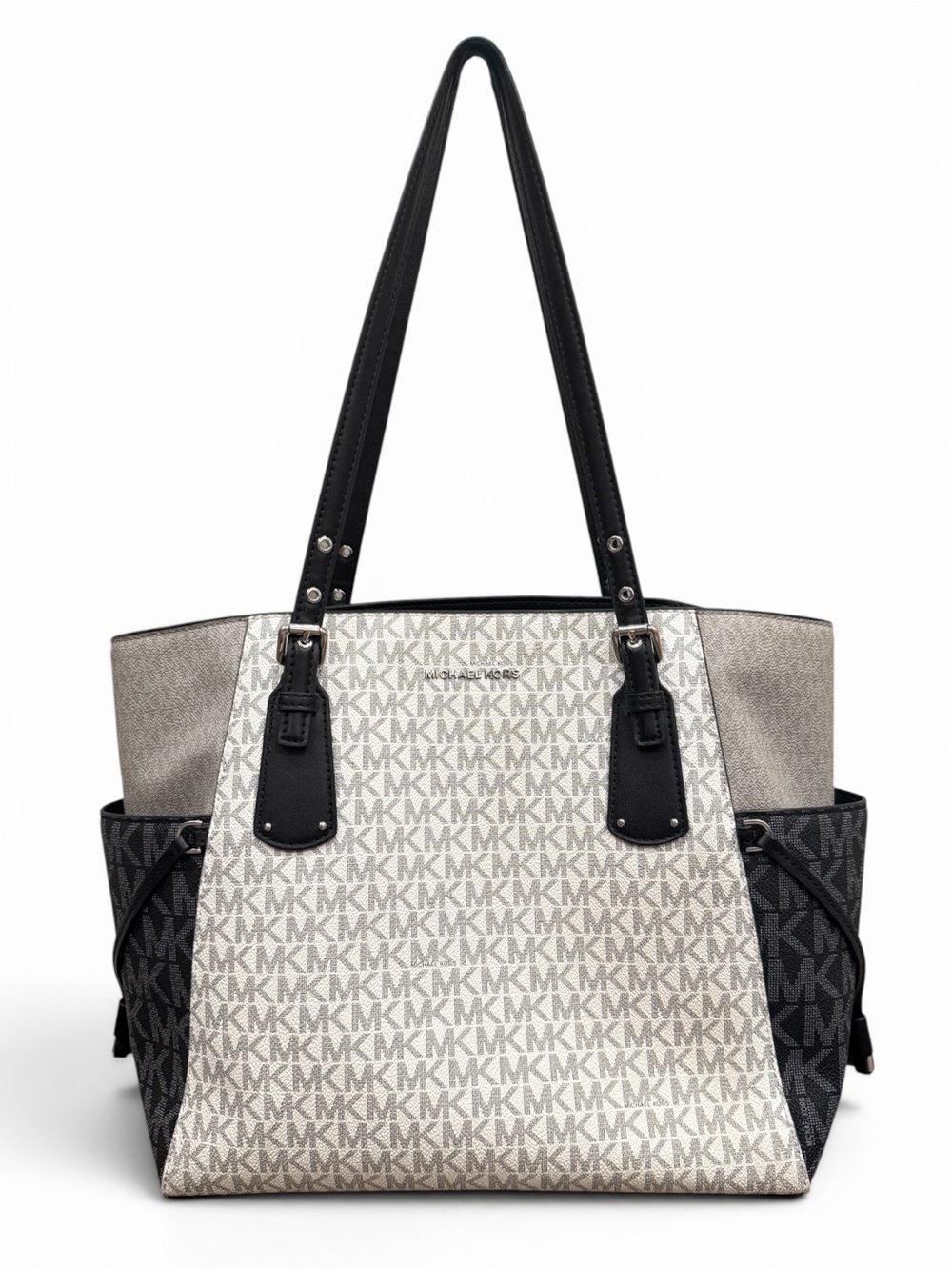 Michael Kors Voyager Large Signature Logo Color Block Tote Bag Ivory Gray Black